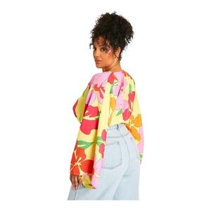 Boohoo Vibrant Floral long sleeve crop Blouse Size 14 - Red, Pink,‎ Yellow